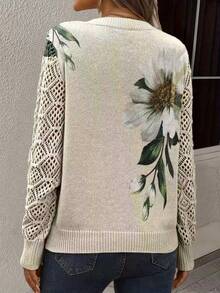 Suéter de manga larga de uso diario versátil y casual con cuello en V, estampado floral y calado para mujer talla grande, ideal para vacaciones de primavera - Caqui - Ver 2