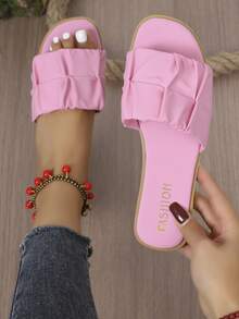 1 Pair Women's Summer Fashionable PU Pleated/Ruffle Edge Beach Sandals, Non-Slip Outdoor Slippers With Soft Soles And Open Toe, Casual Wear - Pink - View 2