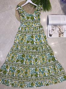 Long Dress With Print, Lined, With Built-In Bra Cups, Made Of Pretty, Fashionable Crepe Fabric. - Army Green/Wasabi - View 4