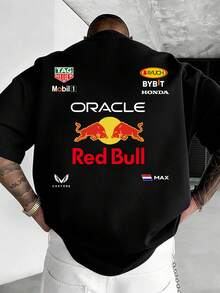 Oracle Red Bull Racing T-Shirt, Red Bull F1 Team Racing Style Unisex T-Shirt, 220g High-Quality Pure Cotton Double-Sided Printed T-Shirt, Fashionable Men's Wear, Suitable For Street Vintage Style And Outdoor Sports Leisure Occasions, Y2K Style Clothing, Red Bull F1 Team T-Shirt, Comfortable And Stylish, Ideal Choice For Racing Enthusiasts, Men's Gift - 黑色 - 查看 3