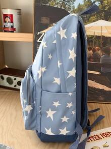 防盗多隔层星形印花学院风尼龙双肩包，可装15.6英寸笔记本电脑，多口袋轻便书包，多功能书包，大容量旅行包 - 彩色 - 查看 9