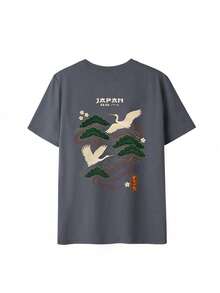 女士夏季新款仙鹤图案字母印花圆领短袖T恤，休闲宽松百搭上衣，时尚日常穿着 - 深灰 - 查看 3