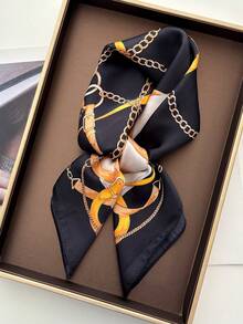 1 Stück 2026 Straßenmode Frühling/Sommer Bandana, modischer lässiger Kettengürtel bedruckter Faux-Seide 65*65cm Quadratischer Schal, Stirnband, Halstuch, Gürtel, Taschentuch, geeignet für Outdoor, Reiten, Dates, Reisen, Straßentanz, Partys, Livestreaming, Fotografie - Schwarz - Übersicht 2