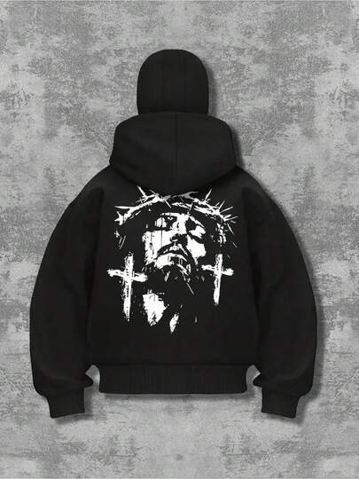 Sudadera con capucha y cremallera de moda para hombres, con estampado de personajes, doble capucha, estilo deportivo de hip-hop, lavable a máquina, ajuste regular, suéter casual para todas las estaciones