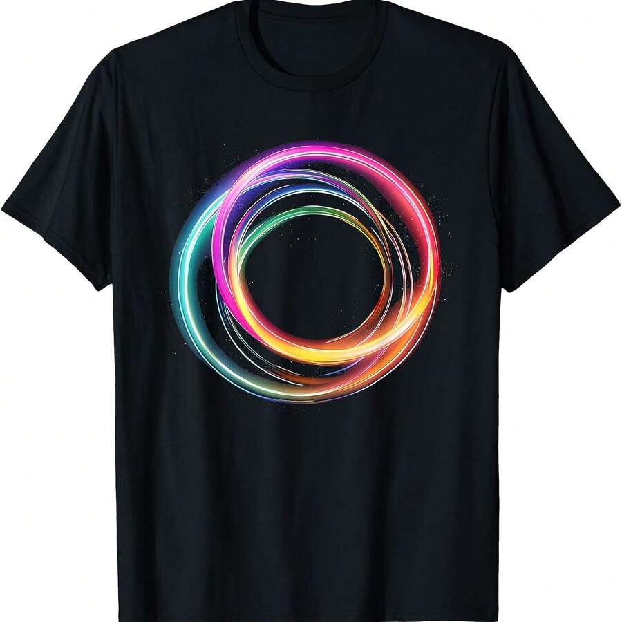 Camiseta con varios círculos brillantes de colores del arcoíris entrelazados - Negro - Ver 1