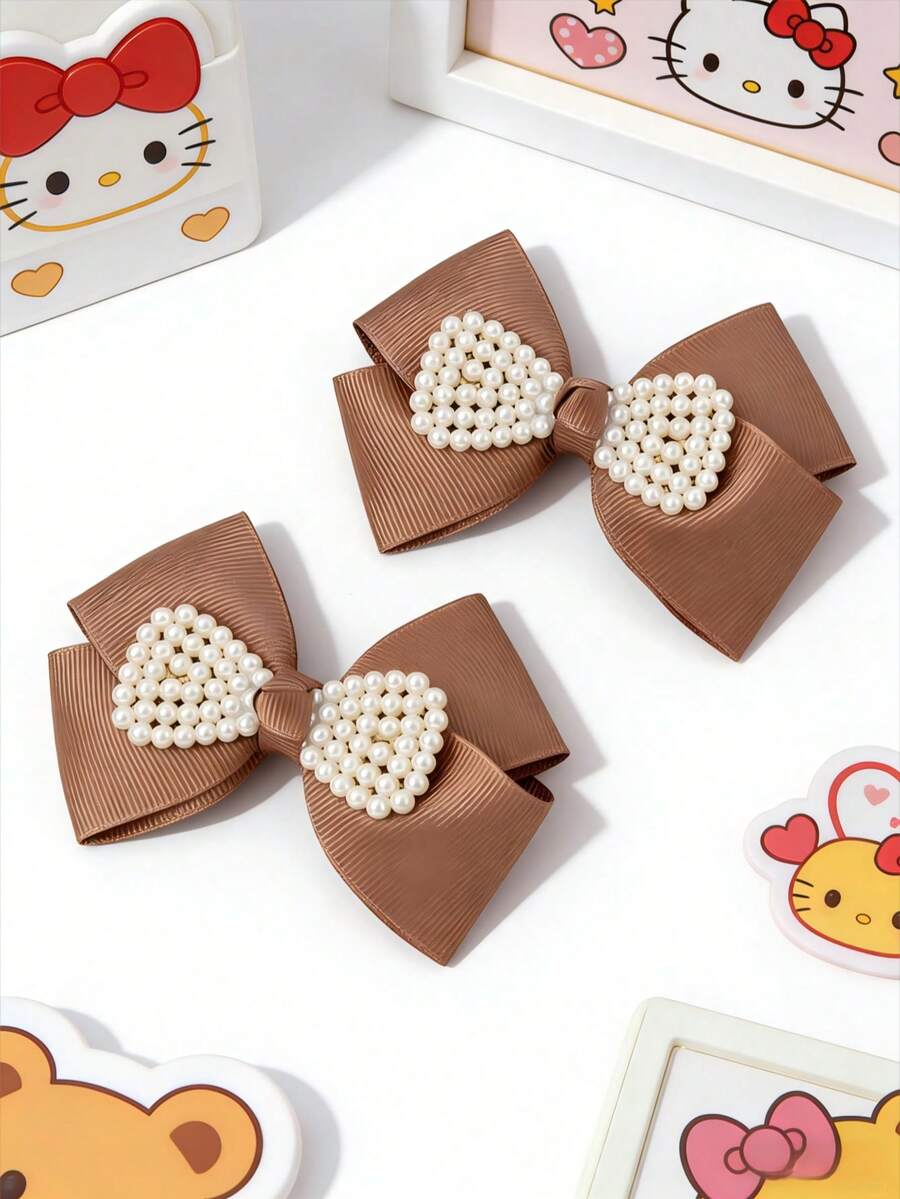 2pcs Coffee Brown Faux Pearl Simple Bow Hair Clips For Teen - Coffee Brown - View 1