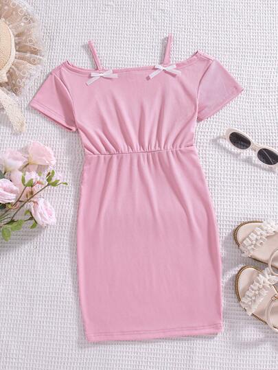 Tween Girls' Casual Solid Color Bowknot Decor Off Shoulder Waist Cinched Short Sleeve Knee-Length Dress, Spring/Summer