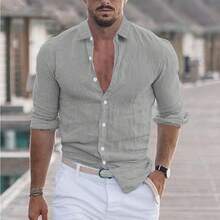 2026 New Men's Summer Cotton-Linen Collared Beach Shirt Long-Sleeve Solid Color Hawaiian Holiday Attire - 淺灰色 - 查看 12