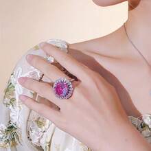 复古风可调节戒指，八角形千禧玫瑰，铂金镀层，高碳锆石，女士款 - 玫紅色 - 查看 3