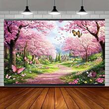 2D plat, 1 pièce Bannière de fond de photographie - Atmosphère unique de sentier de fleurs de cerisier, convient pour les fêtes à thème printanier, les célébrations romantiques et autres décorations, fond photo de vacances, décoration de salle de fête à la maison, idéal pour les événements de style romantique printanier - 1 pièce - Voir 6