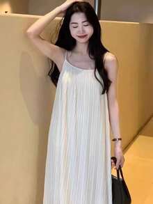 Casual Loose Solid Color Fashion Camisole Dress White Summer - White - View 4