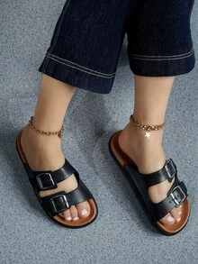 女士时尚双扣舒适防滑塑料拖鞋 - 黑色 - 查看 3