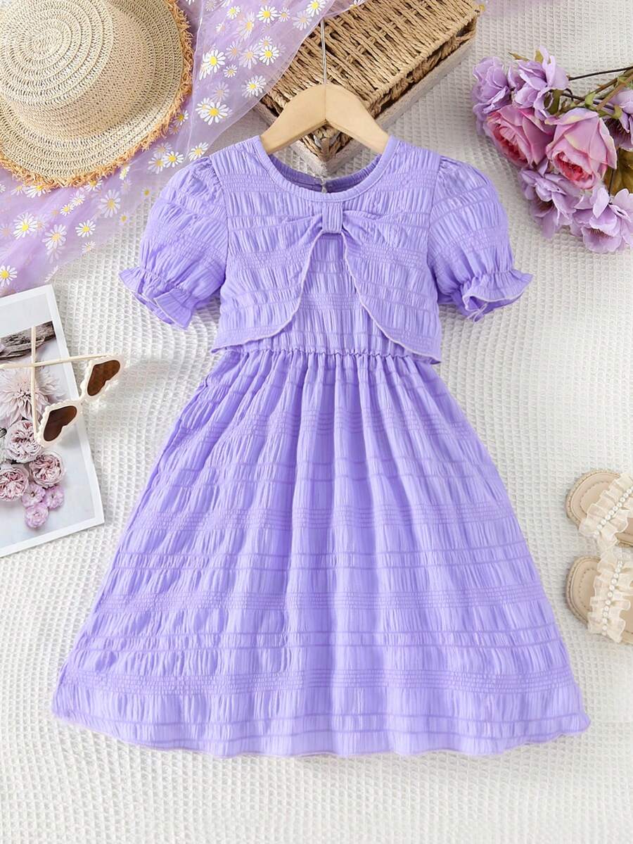 女童休闲泡泡袖公主裙,宽松飘逸长款连衣裙,简约时尚,适合春夏穿着 - 紫丁香色 - 查看 1
