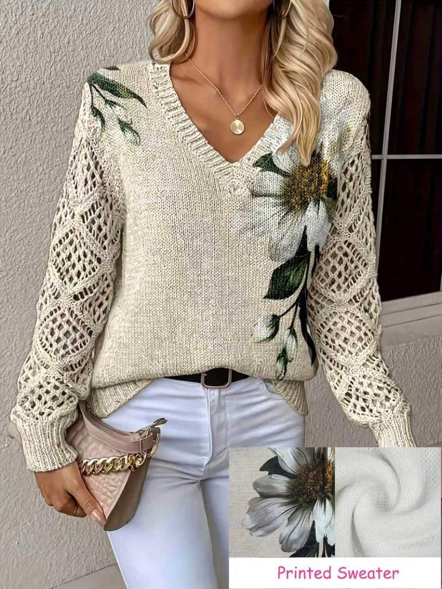 Suéter de manga larga de uso diario versátil y casual con cuello en V, estampado floral y calado para mujer talla grande, ideal para vacaciones de primavera - Caqui - Ver 1