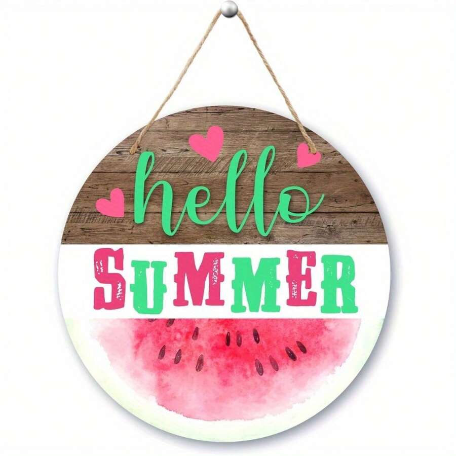 2D Flat, 2D Flat Hello Summer Door Sign, Watermelon Front Door Decoration, Front Porch Outdoor Beach Sign, Round Welcome Summer Hanging Decoration With Rope, Watermelon Enthusiast Gift, Summer Party Decoration, Outdoor Decoration, Seasonal Home Decoration, Festive Sign, Classic Design, Durable Material, Lightweight Decoration, Porch Decoration, Home Decorator, Summer Enthusiast, 2D Flat - 彩色 - 查看 1