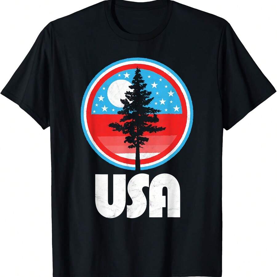 Camiseta patriótica vintage de EE. UU. con árboles y actividades al aire libre del 4 de julio - Negro - Ver 1