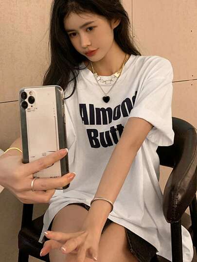 纯色字母印花宽松休闲女式短袖T恤，春夏款