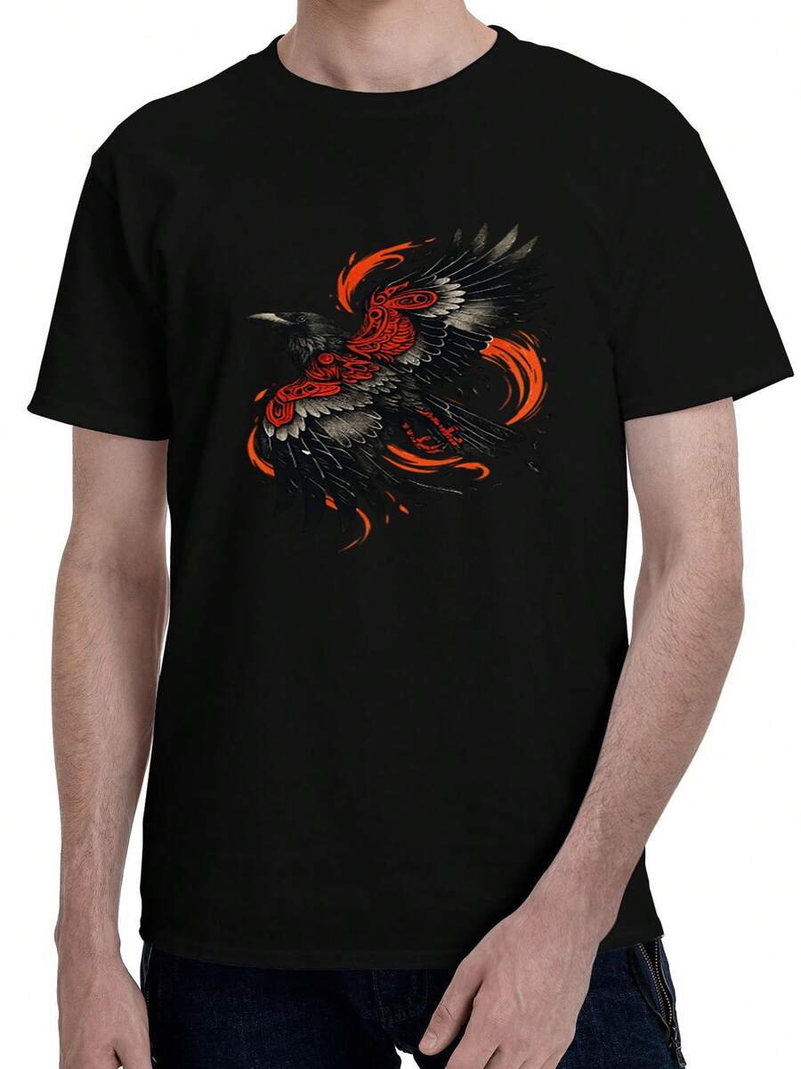 Playera Hombre con Estampado de Cuervo y Fuego Estilo Gótico - Negro - Ver 1