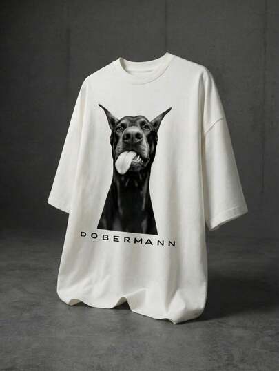 加大码男士杜宾犬图案及字母标语宽松T恤，休闲街头风动物印花，柔软舒适，夏季款