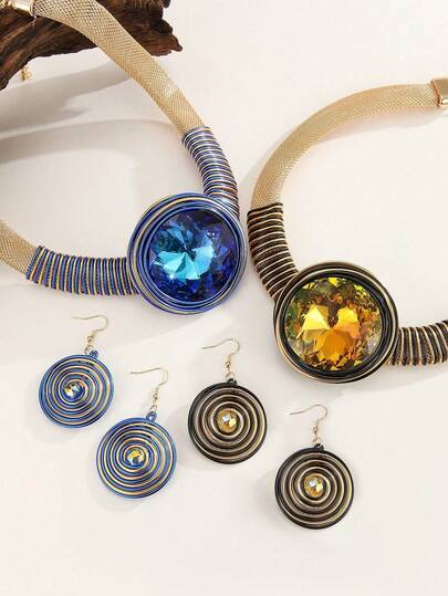 1 Set Bohemian, Korean Style Elegant Fashion Vintage Resort Party Handmade Aluminum Wire Woven Artificial Crystal Exaggerated Pendant Necklace & Earrings, Suitable For European, African, Middle Eastern Occasions, Daily Wear