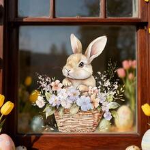 1pc Creative Easter Bunny Wall Sticker, Vivid Rabbit And Flower Basket Window Decal, Vinyl Static Cling Glass Sticker, Suitable For Spring Home Farmhouse Kitchen Decor - multicolor - View 6