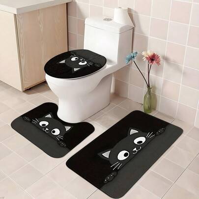 1pc Nordic Style Faux Wool Black Cat Print 3-Piece Bathroom Set/Bath Mat/Non-Slip Rug/Decorative Carpet, Romantic Black Cat Design, High-Quality Faux Wool Material, Soft, Comfortable, Non-Slip, Suitable For Bathroom, Toilet And Other Areas
