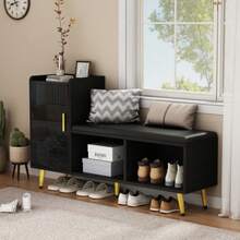 Schwarz Hochglanz-Schranktür mit Staurum Eingangsschuhschrank, mehrstöckige Ablage mit gepolstertem Sitz, Schuhwechselbank mit Schrank Goldzubehör für Eingang, Flur, Wohnzimmer, Schlafzimmer, Gardero - Svart - Visa 5