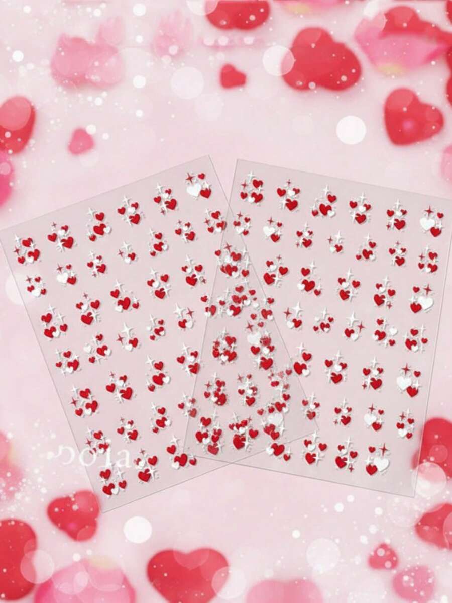 2张/套 粉色爱心美甲贴纸 5D立体浮雕情人节美甲贴纸 自粘红色粉色爱心美甲贴花 女士女孩情侣美甲DIY用品 2张 - 彩色 - 查看 1
