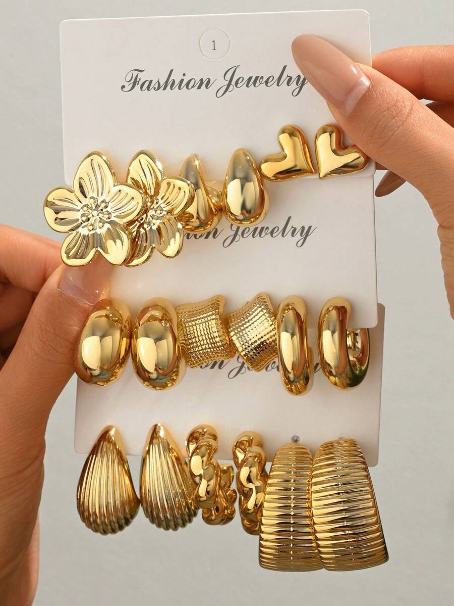 6/18pcs Gold CCB Earring Set, Water Drop Flower & Geometric Design, Suitable For Women's Daily, Party Or Event Wear - Yellow Gold - View 1