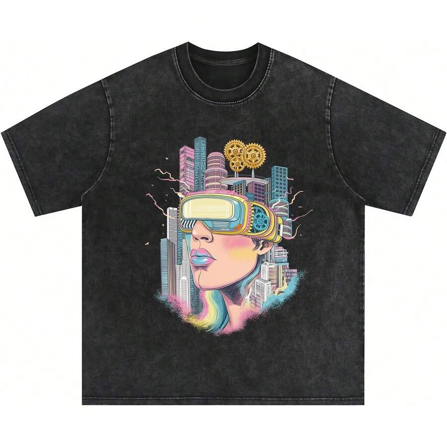Laixton Men's Pattern T-Shirt Unisex Cotton Oversized T-Shirt Short Sleeve Retro Streetwear Casual T-Shirt Top Comfortable Washed Cotton T-Shirt - 酷都市黑 - 查看 1