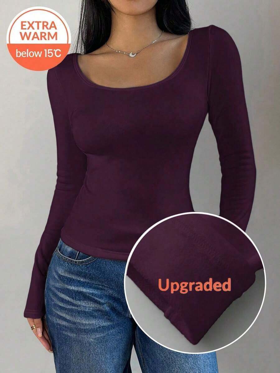 Women's Casual Solid Color Black Knit Scoop Neck Long Sleeve Slim Fit T-Shirt,Thermal Lined Without Bulkiness, Upgraded Thermal Fabric,  Slim Fitted Stretch Undershirt Tee Blouse For Fall And Winter - Purple - View 1