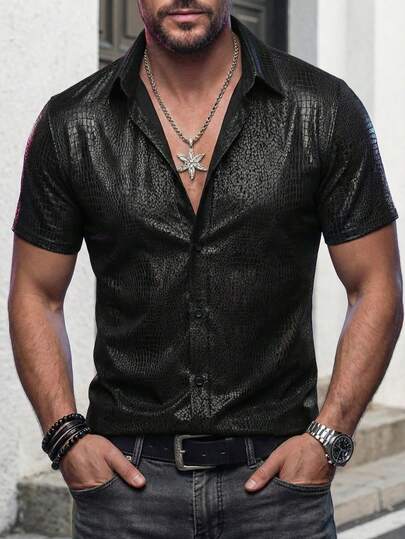 Men's Fashion Ice Silk Snake Skin Textured Solid Color Polo Shirt, Suitable For Party, Gathering, And Daily Wear