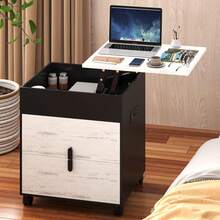 Vlsrka Mesa de Noche con Enchufes para Recamara, Buros Blanco Moderno con Ruedas y 2 Cajones, Mesa Auxiliar con Estante Elevable Ajustable (Negro y Blanca Rustic) - Negro y Blanco Rustic - Ver 7