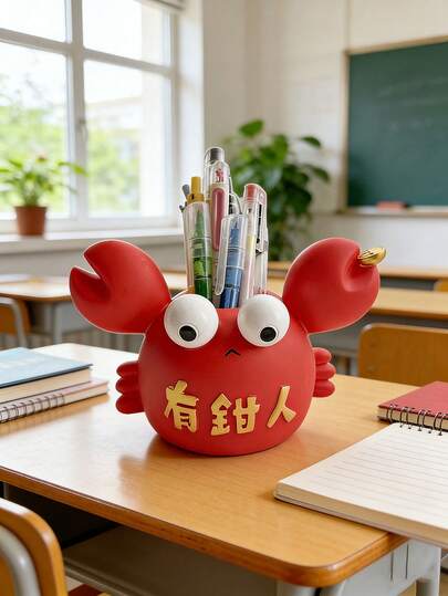1个创意螃蟹造型笔筒兼化妆刷收纳盒，家居装饰，梳妆台化妆品收纳盒，多功能桌面收纳盒，笔筒，化妆刷收纳盒，办公桌配件