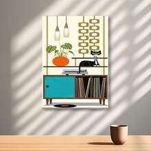 Framed 2D Flat, 1pc Mid-Century Modern Retro 60s/70s Vinyl Record Player & Black Cat Wall Art - Turquoise Blue & Mustard Yellow Gallery-Wrapped Canvas Print, Ready-To-Hang /Outdoor Farmhouse Decor For Living Room, Bedroom, Music Studio, 2D Flat - Framed - 查看 2