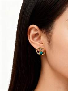 1对/4对创意时尚个性化不锈钢绿松石耳环套装，女士奢华复古高端几何不锈钢18K镀金耳环，适合女士日常及节日佩戴 - 金色 - 查看 16