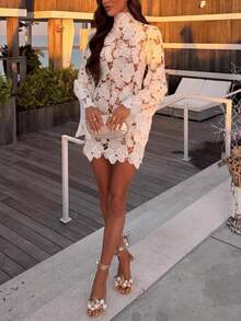 Women's New Fashion Sexy Elegant Lace Hollow High Neck Short Dress - 白色(25346) - 查看 3
