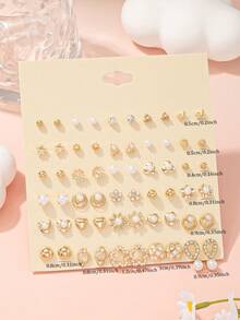30 Pairs Minimalist Geometric Faux Pearl, Rhinestone, Metal Cute Flower & Star Earrings Set, Suitable For Daily, Party, Casual Wear - Yellow Gold - View 5