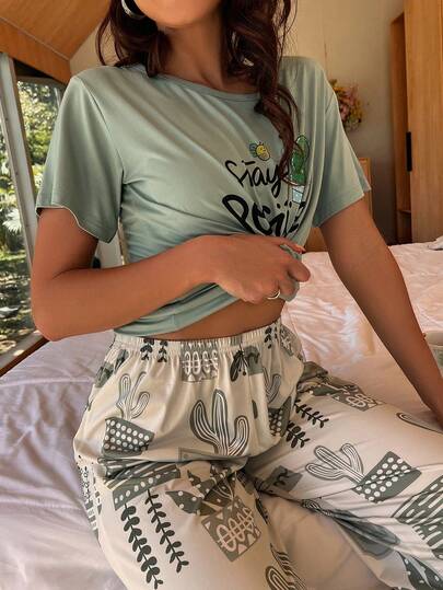 女士字母印花短袖短裤两件套，休闲优雅睡衣家居服套装，春夏款