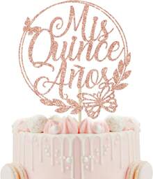 Mis Quince Años Adorno para Tarta, Feliz 15 Años, Adorno para Tarta de 15 Cumpleaños, Hello 15, Decoración de Fiesta de Cumpleaños 15 (Oro Rosa con Purpurina) - Brillo de oro rosa - Ver 1