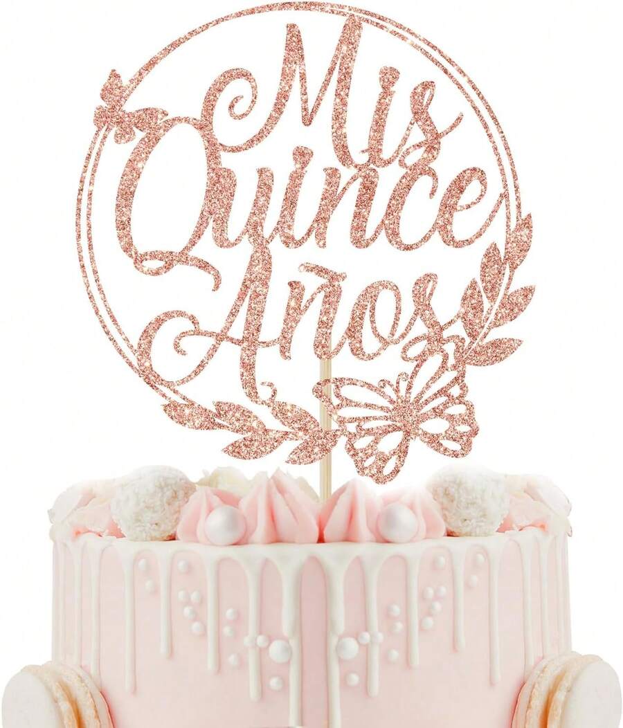 Mis Quince Años Adorno para Tarta, Feliz 15 Años, Adorno para Tarta de 15 Cumpleaños, Hello 15, Decoración de Fiesta de Cumpleaños 15 (Oro Rosa con Purpurina) - Brillo de oro rosa - Ver 1