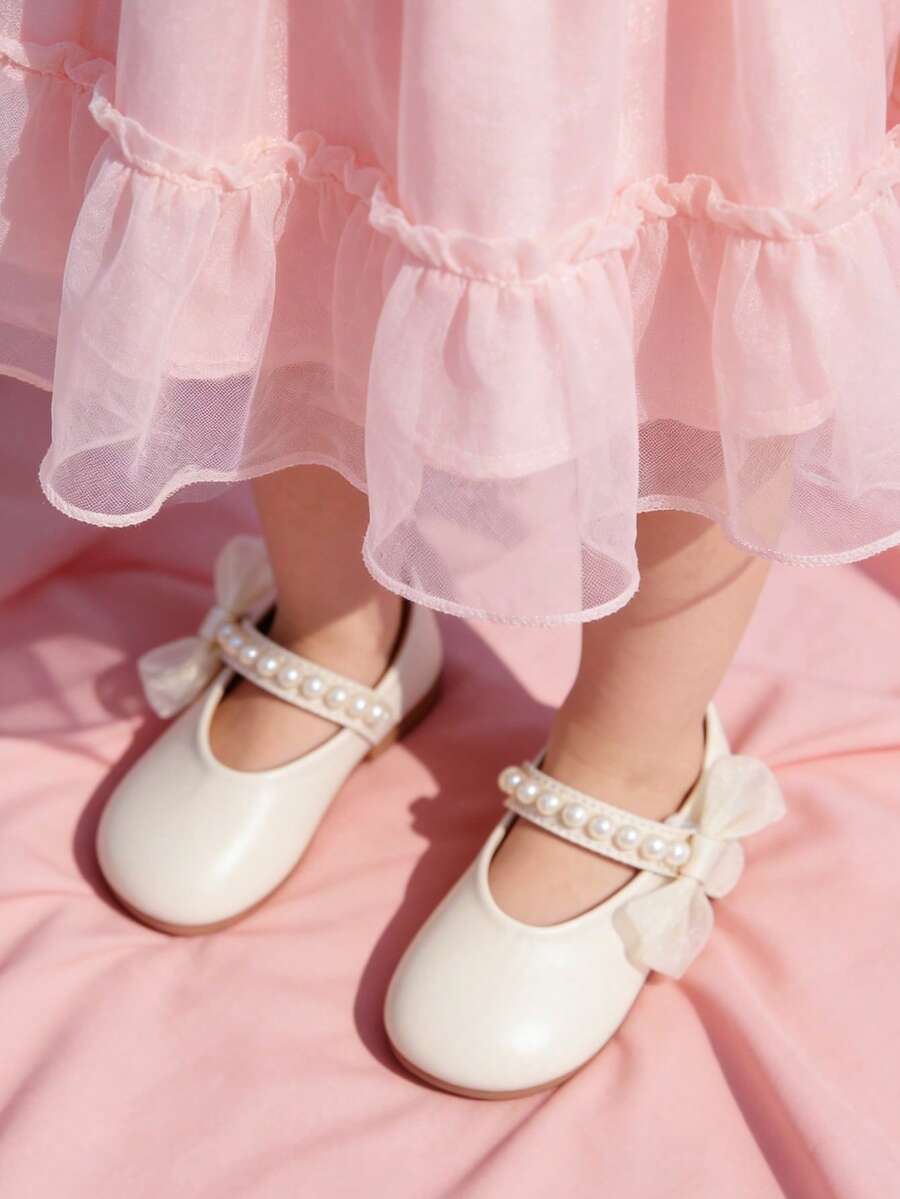 1 Pair New Baby Girls' Pearl Bow PU Hook And Loop Design Princess Style Flat Shoes, Pink, Suitable For Spring/Autumn - Beige - View 1