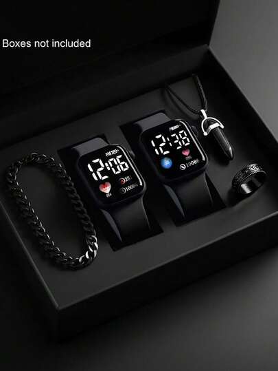 5/1pc Fashionable & Cute Unisex Black Electronic Watch Set With Necklace, Bracelet, Ring Combination, Suitable For Wearing At Parties, Trips, Suitable As Gifts For Back To School, Valentine's Day, Carnival