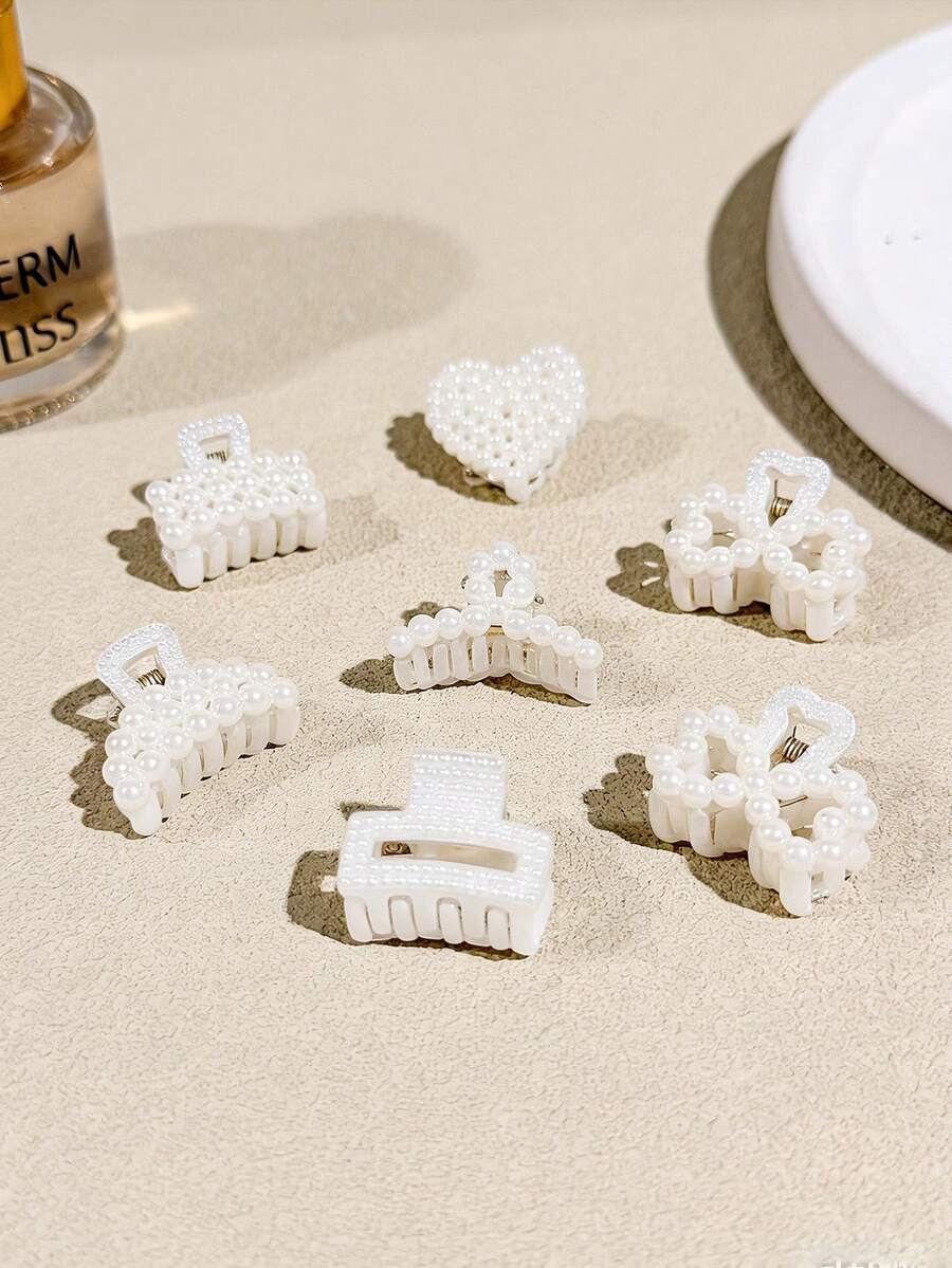 6件装女士可爱仿珍珠发爪发饰，小巧精致刘海夹，优雅侧夹，适合日常佩戴，优雅爪夹，度假发夹 - 米色 - 查看 1