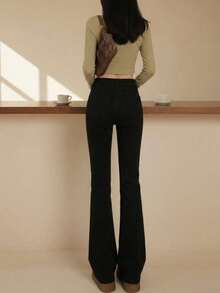 YEAE | Quần jeans ống loe dài gợi cảm dành cho nữ, dáng ôm, chất liệu denim co giãn vừa phải, màu đen thường ngày. - màu đen - Xem 3