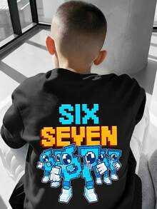 Boys' Cartoon Number "67" & Letter Print Round Neck Short Sleeve T-Shirt, New Spring/Summer Children Clothing - Black - View 1