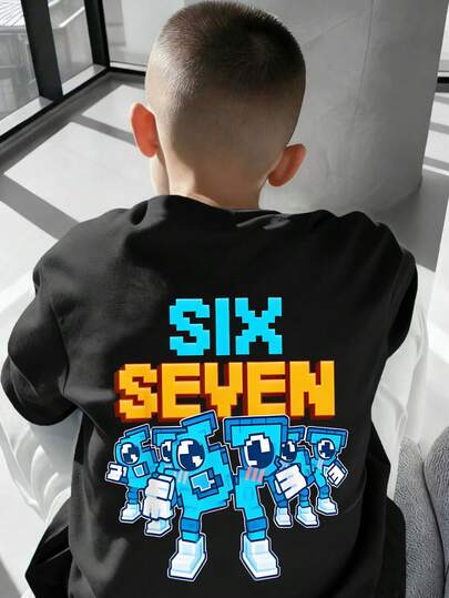 Boys' Cartoon Number "67" & Letter Print Round Neck Short Sleeve T-Shirt, New Spring/Summer Children Clothing