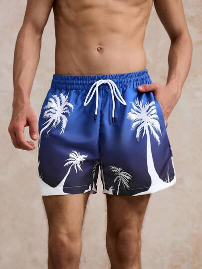 Pantalones cortos de playa casuales para hombres con estampado de árboles de palma tropical degradado, cintura con cordón, bolsillos en diagonal, secado rápido y sueltos