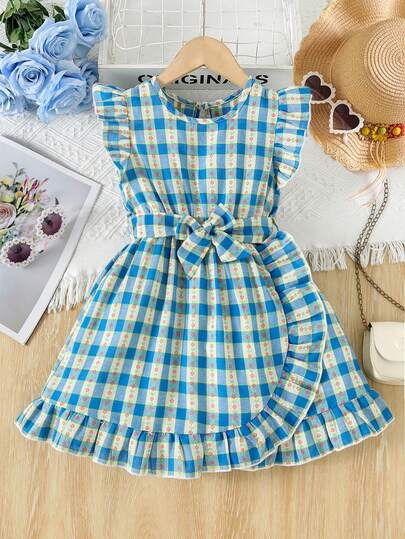 Vestido midi de línea A con volantes en los puños y cintura con lazo, estampado de cuadros y flores, elegante para niñas, adecuado para fiestas de verano, vacaciones, galas u ocasiones de actuación como regalo, atuendo festivo, estilo clásico