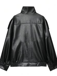 Women's Solid Color Front Button Pocket Casual Jacket, Pocket Detail, Suitable For Autumn/Winter Wear Black Spring - Black - View 9